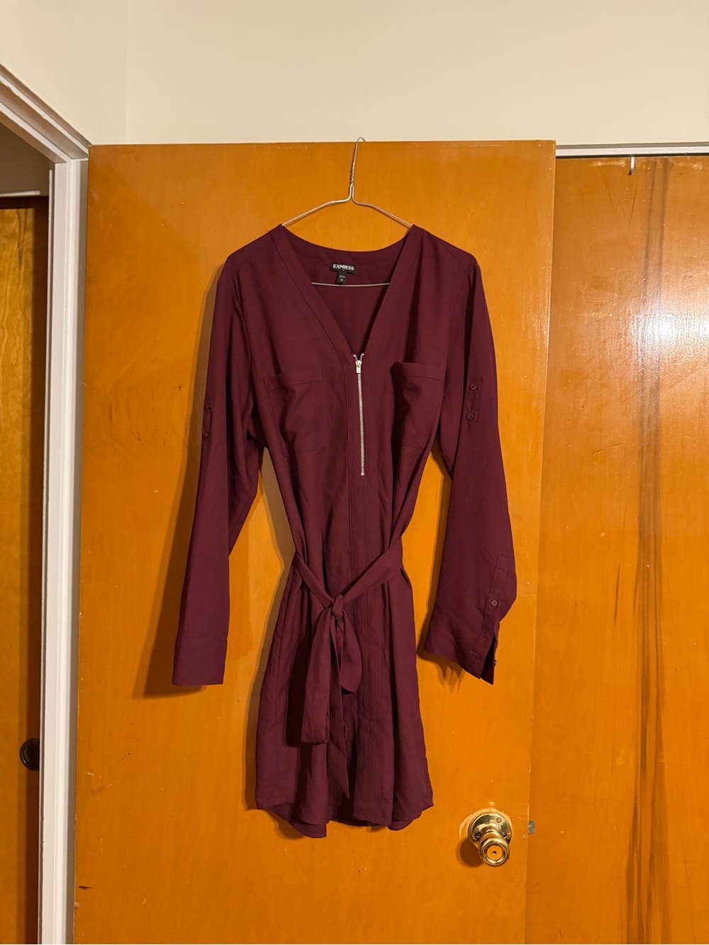 Express Burgundy Midi Dress with Front Zip & Self-Tie Waist
